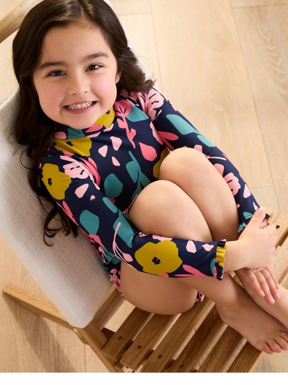 Girls' Long-Sleeve Floral Rashguard Swimsuit - Navy with Pink & Mustard